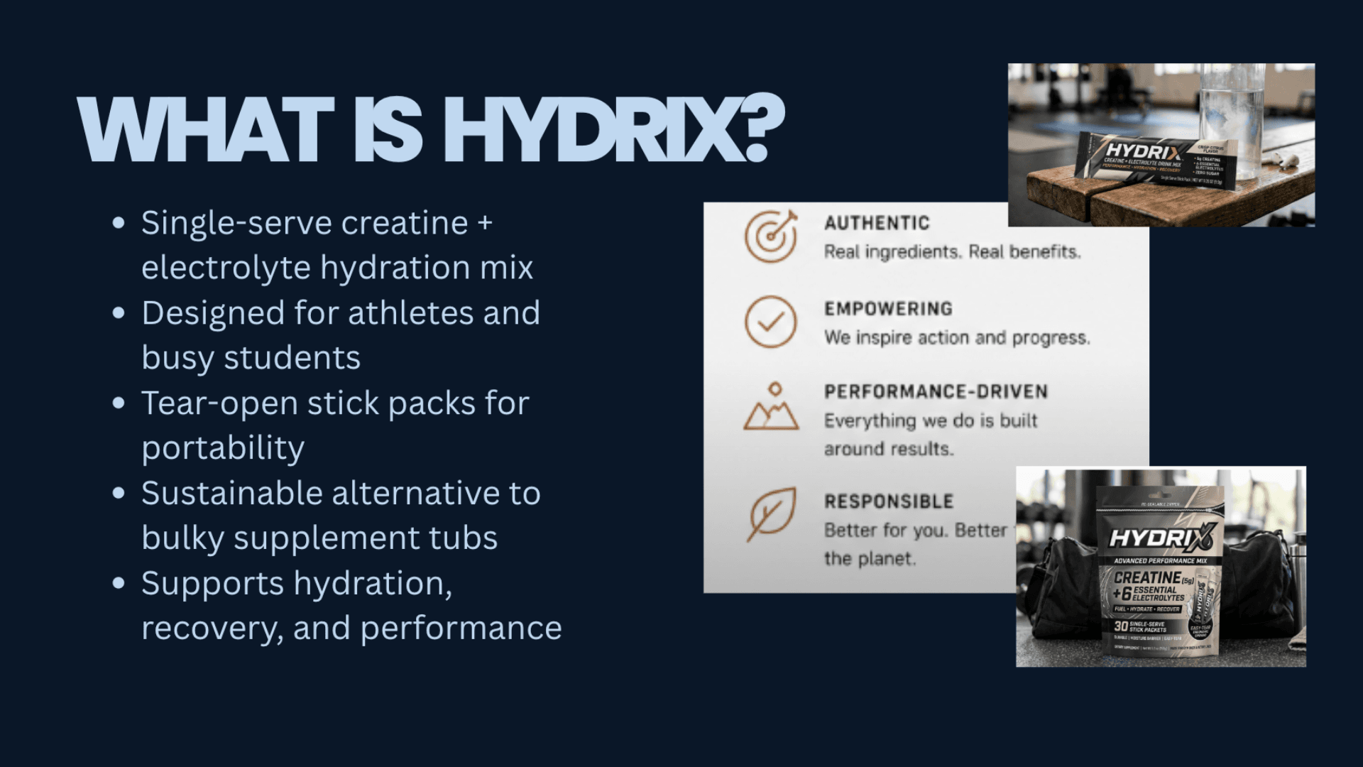 Student PDP slide—Hydrix brand concept with stick-pack and pouch mockups